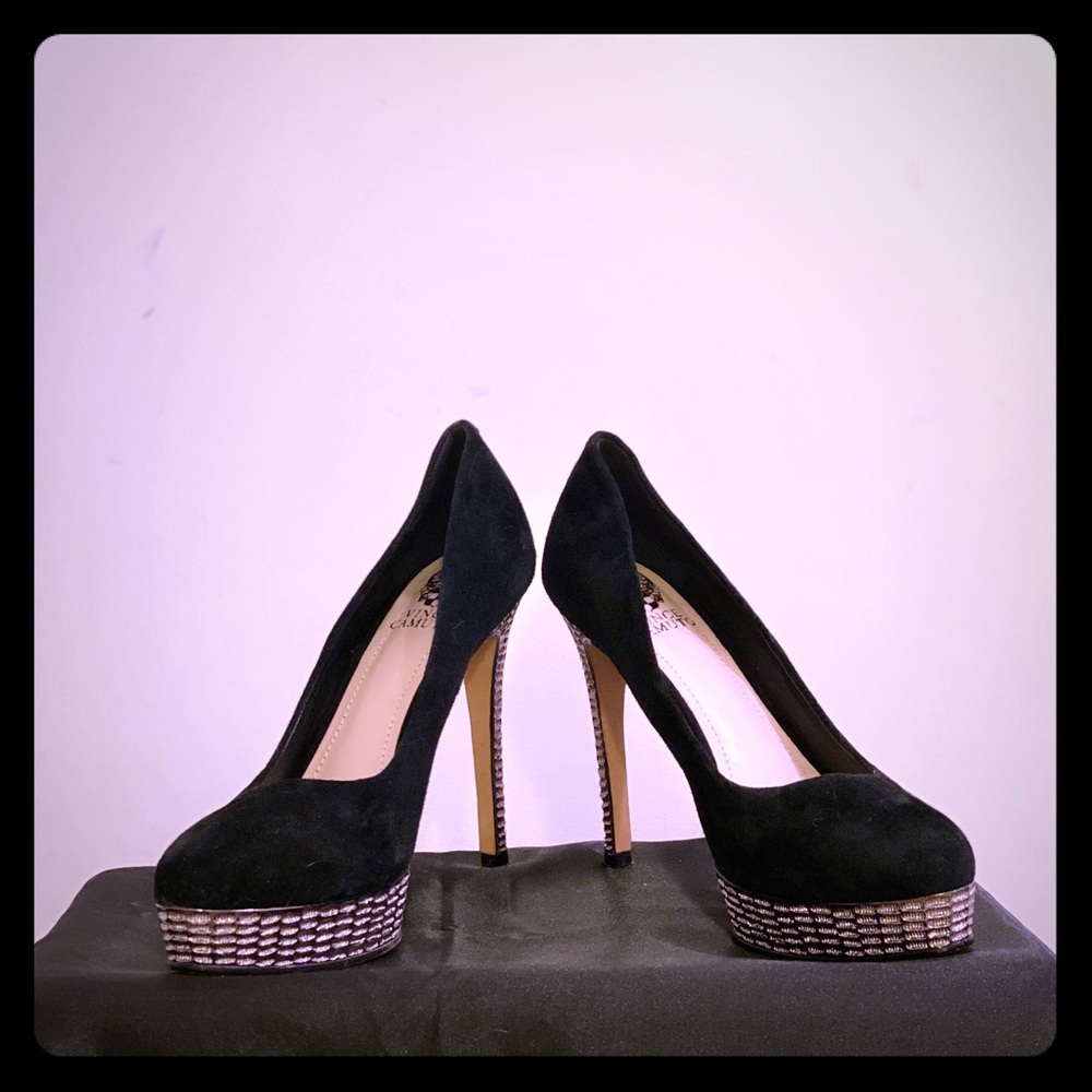 Vince Camuto black suede silver metallic pump